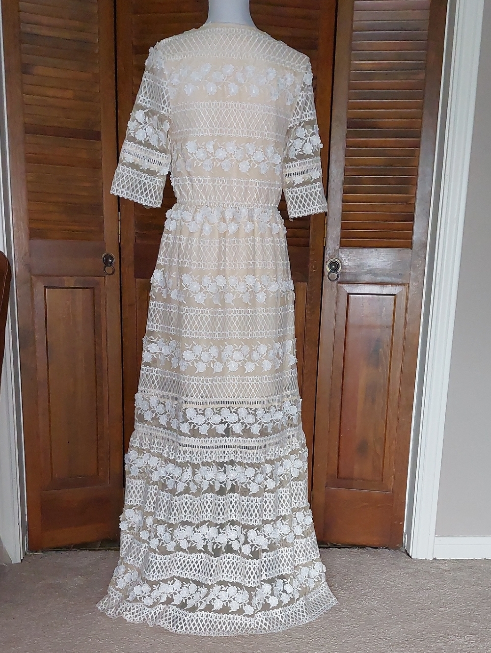 Bohemian Beige Lace 3D Floral Maxi Dress Sz S - Picture 5 of 16